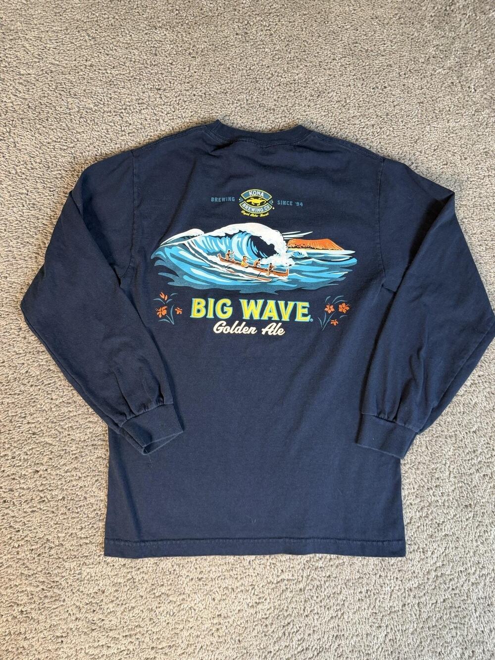 Kona Brewing Co Shirt Mens S Blue Big Wave Golden Ale Graphic Long Sleeve Cotton